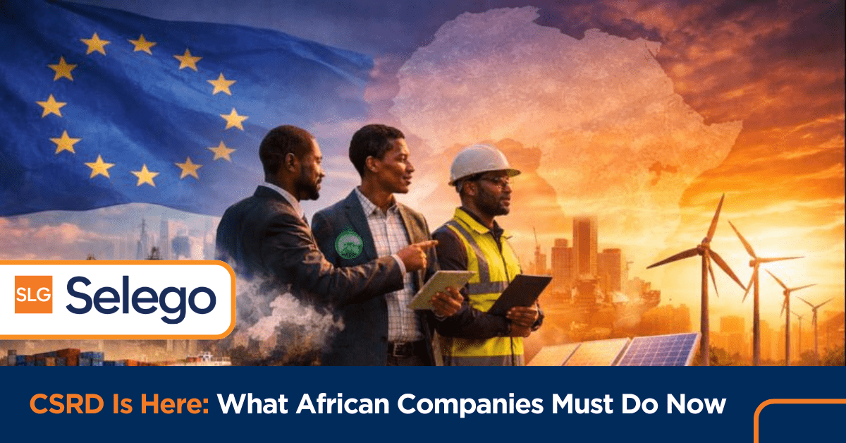 Realistic image showing African business leaders with the EU flag and a map of Africa in the background, symbolizing CSRD compliance, ESG governance, and Africa–EU business alignment